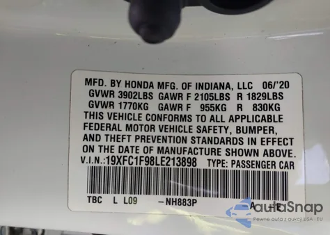 2020 Honda Civic Touring from USA, damaged, VIN 19XFC1F98LE213898